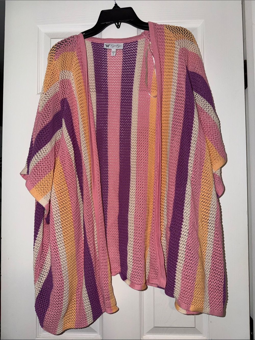 Jessica Simpson Striped Open Knit Cardigan in Pink, Purple & Cream